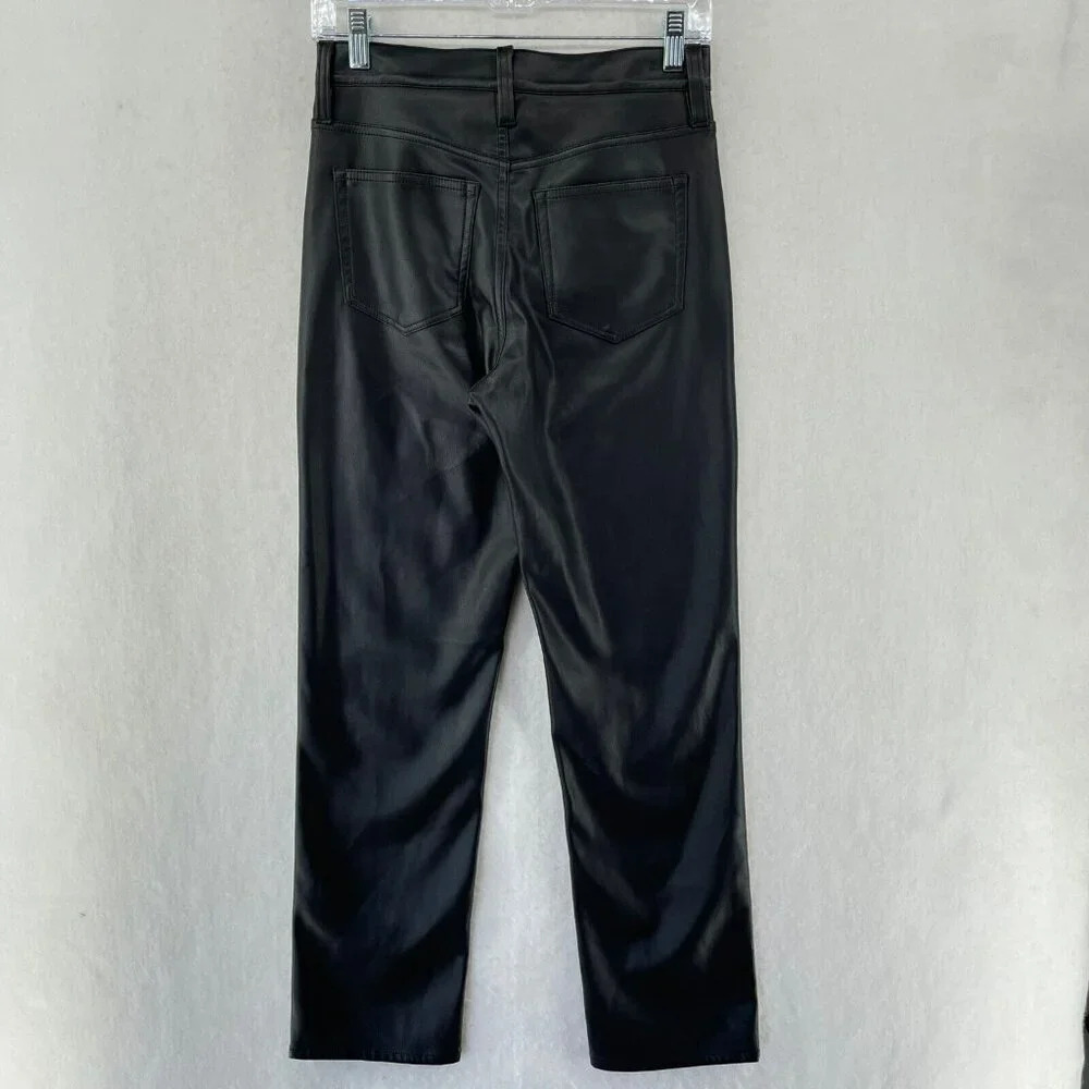 J Crew Pants Womens 25 Black Kate Faux Leather Straight Leg Soft Stretch Button - Picture 2 of 10